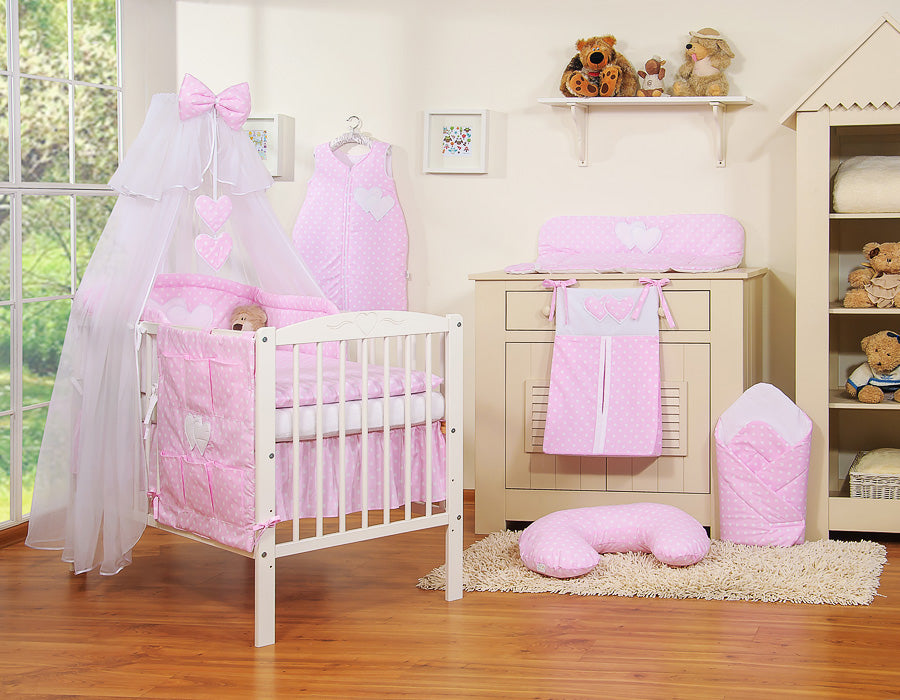Bedding set 5-pcs with mosquito-net- Hanging Hearts white dots on pink