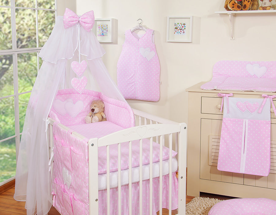 Bedding set 5-pcs with mosquito-net- Hanging Hearts white dots on pink