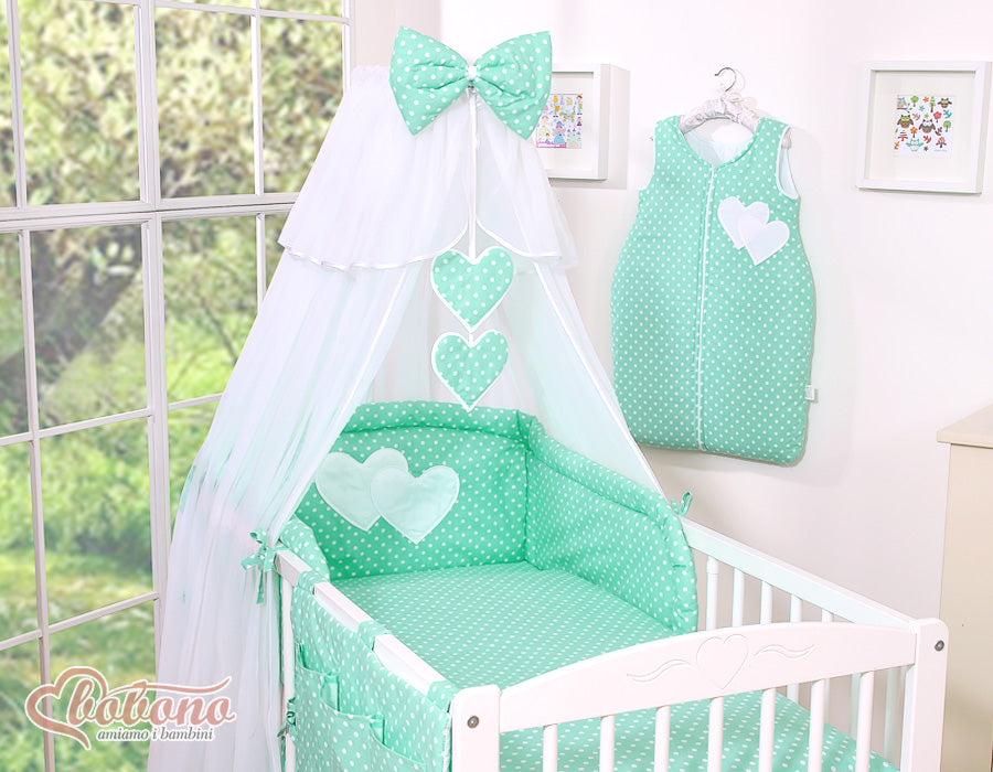 Bedding set 5-pcs with mosquito-net- Hanging Hearts white dots on mint