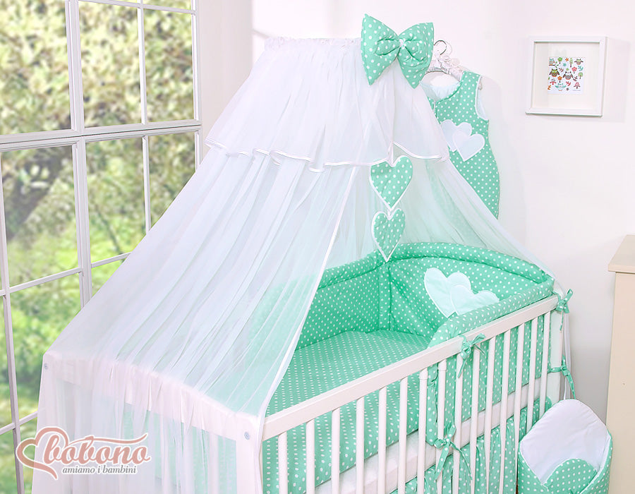Bedding set 5-pcs with mosquito-net- Hanging Hearts white dots on mint