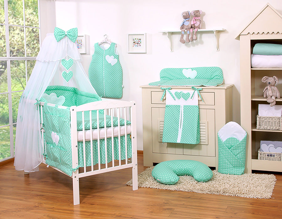 Bedding set 5-pcs with mosquito-net- Hanging Hearts white dots on mint