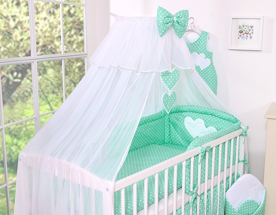 Bedding set 5-pcs with mosquito-net- Hanging Hearts white dots on mint