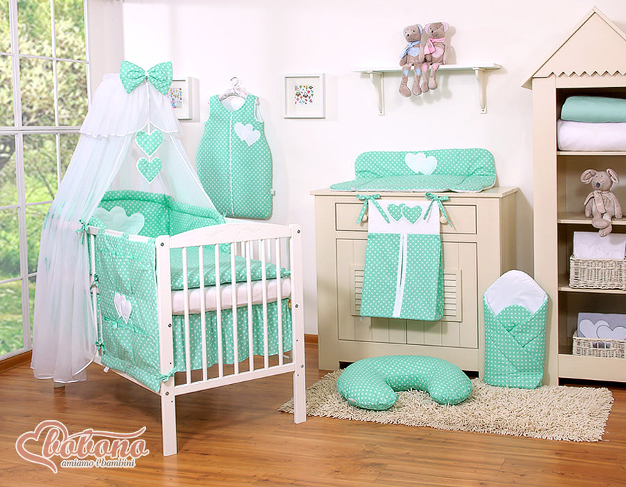 Bedding set 5-pcs with mosquito-net- Hanging Hearts white dots on mint