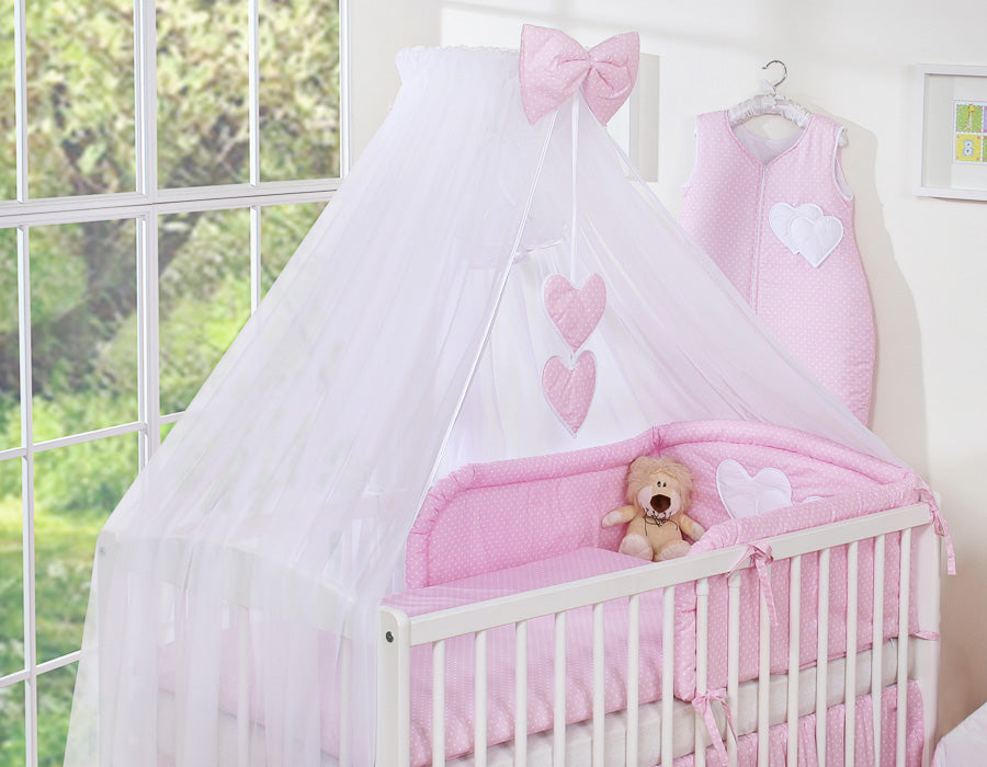 Bedding set 5-pcs with mosquito-net- Hanging Hearts white polka dots on pink