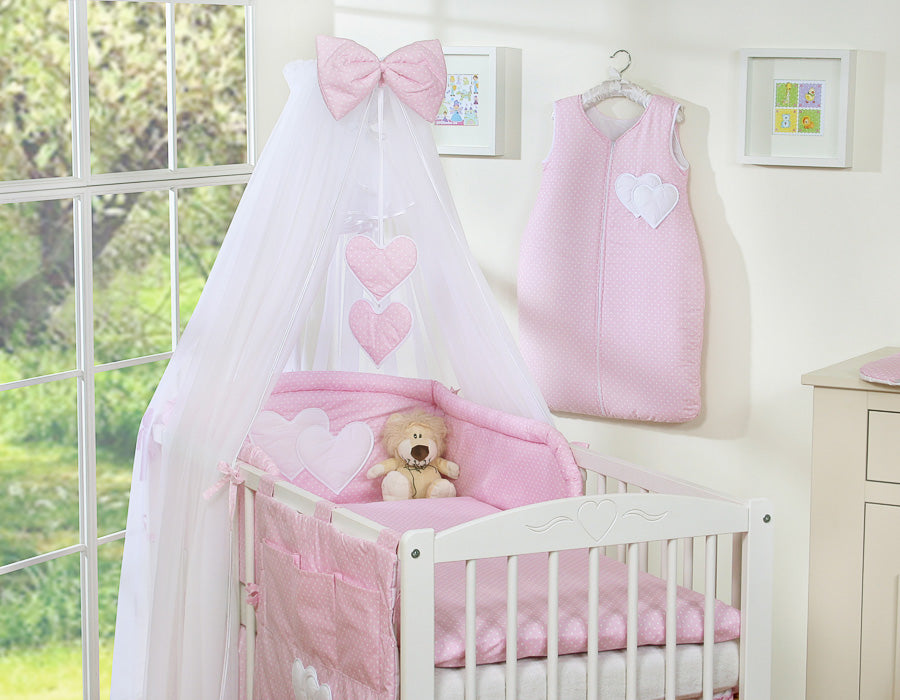 Bedding set 5-pcs with mosquito-net- Hanging Hearts white polka dots on pink