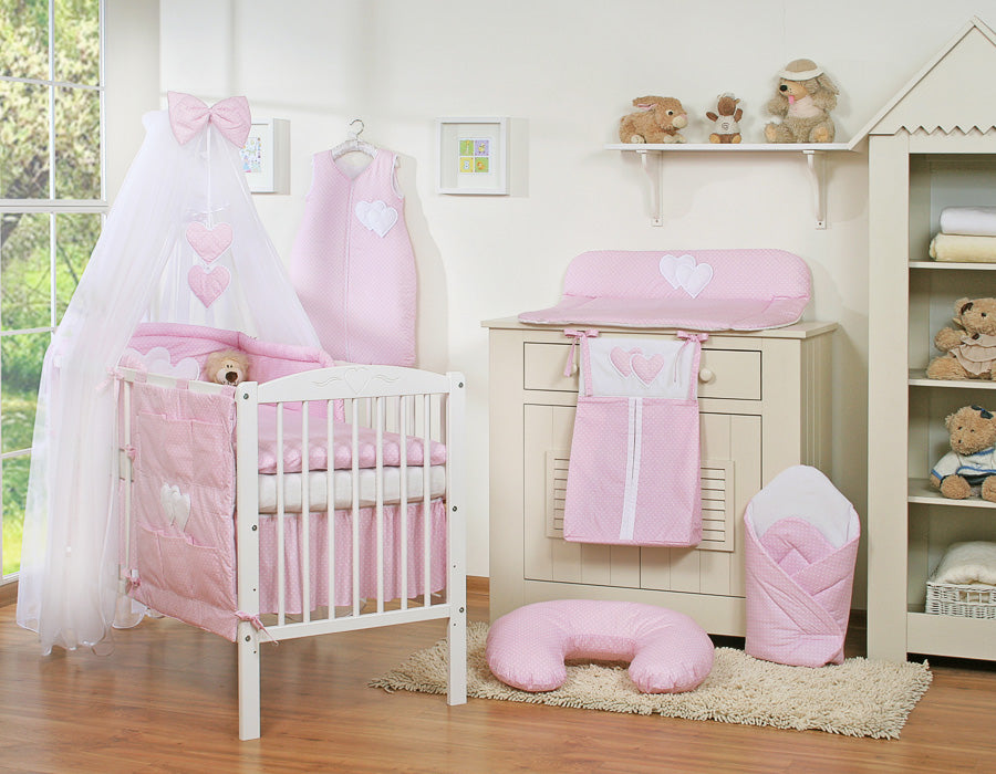 Bedding set 5-pcs with mosquito-net- Hanging Hearts white polka dots on pink