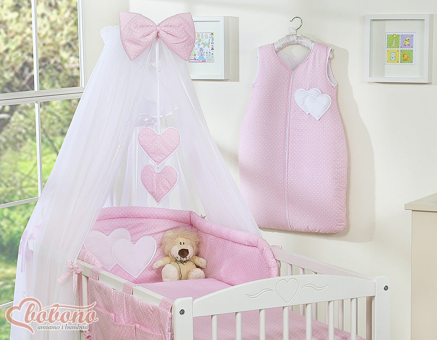 Bedding set 5-pcs with mosquito-net- Hanging Hearts white polka dots on pink