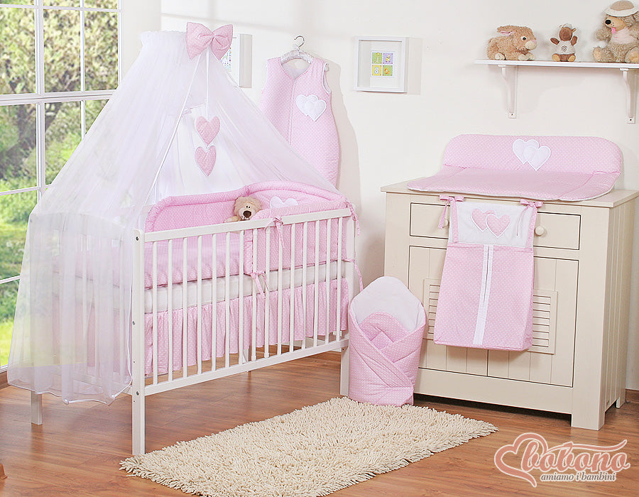 Bedding set 5-pcs with mosquito-net- Hanging Hearts white polka dots on pink