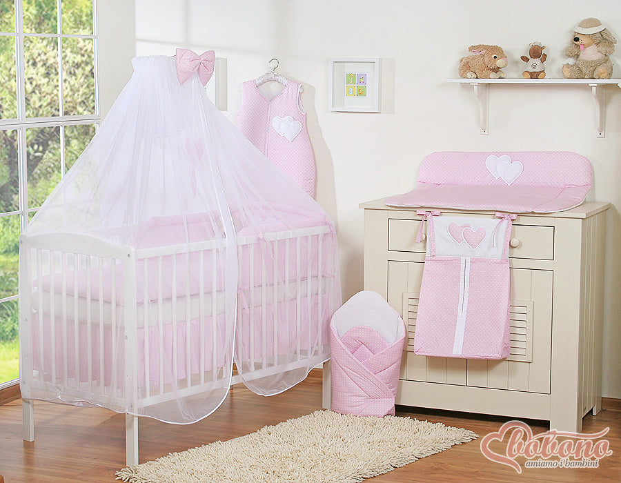 Bedding set 5-pcs with mosquito-net- Hanging Hearts white polka dots on pink