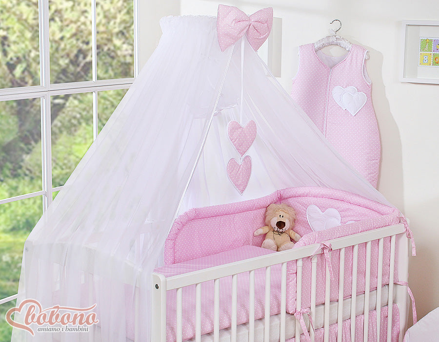 Bedding set 5-pcs with mosquito-net- Hanging Hearts white polka dots on pink