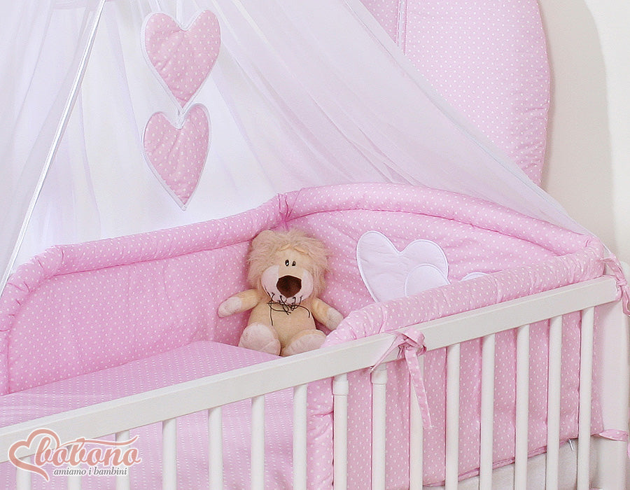 Bedding set 5-pcs with mosquito-net- Hanging Hearts white polka dots on pink