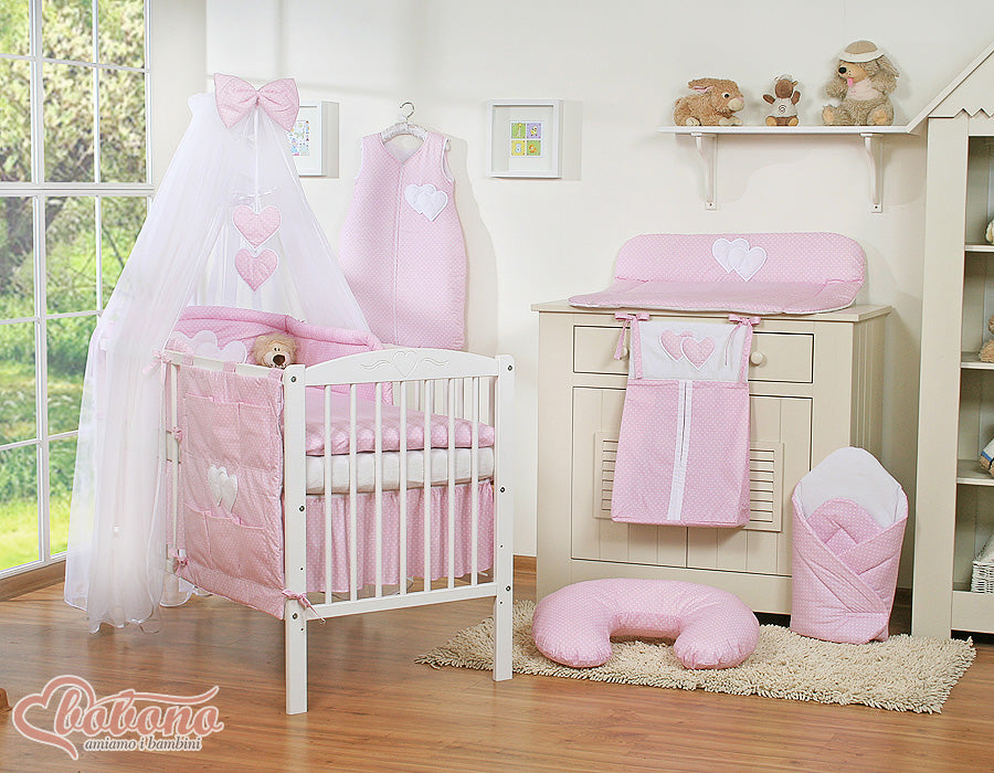 Bedding set 5-pcs with mosquito-net- Hanging Hearts white polka dots on pink