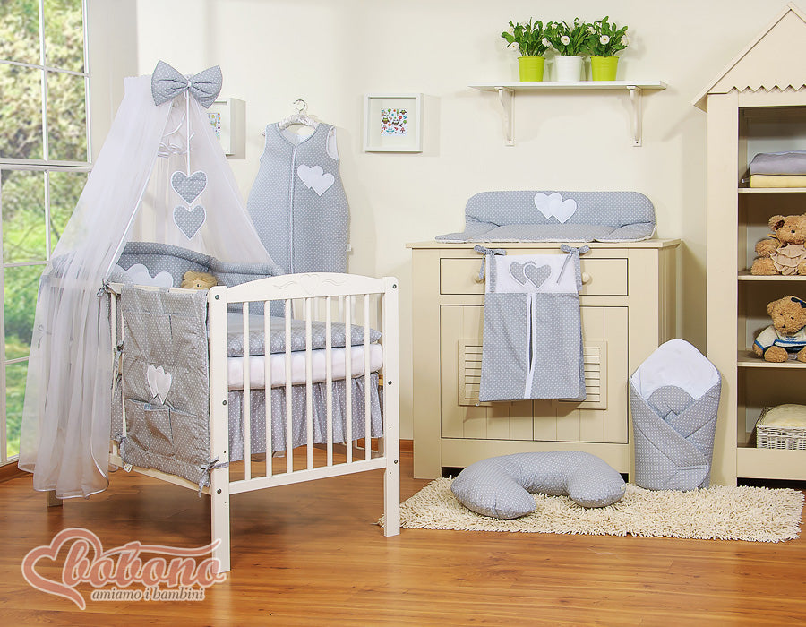 Bedding set 5-pcs with mosquito-net- Hanging Hearts white polka dots on grey