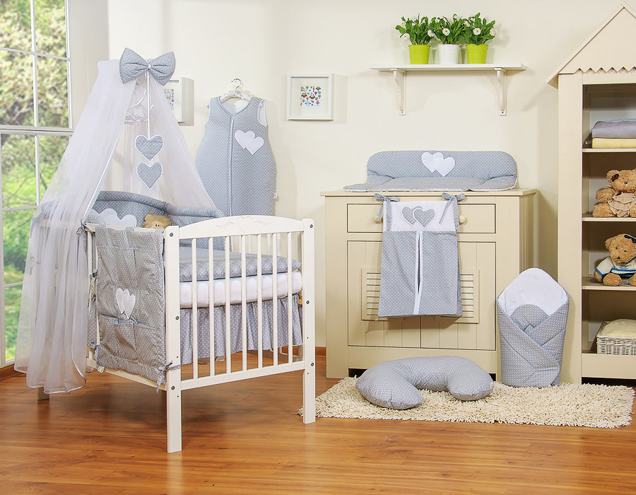 Bedding set 5-pcs with mosquito-net- Hanging Hearts white polka dots on grey