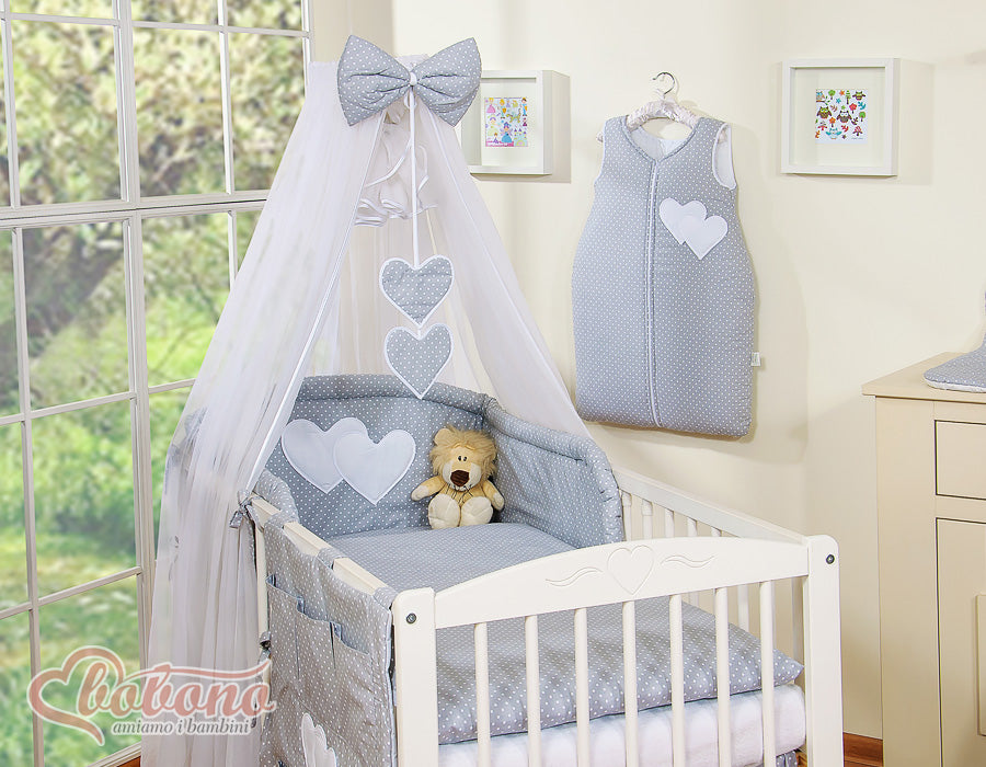Bedding set 5-pcs with mosquito-net- Hanging Hearts white polka dots on grey