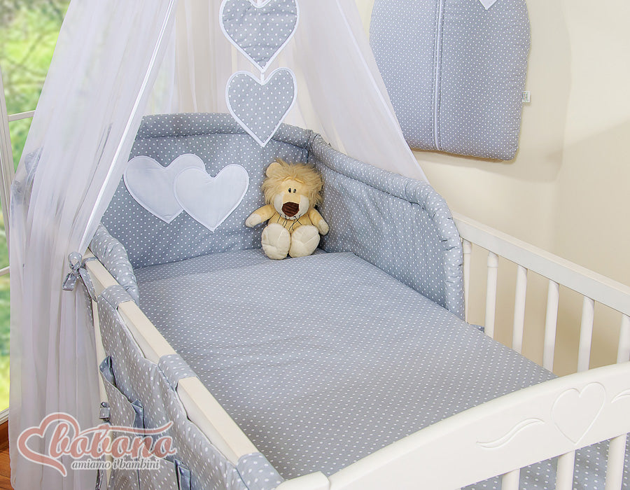 Bedding set 5-pcs with mosquito-net- Hanging Hearts white polka dots on grey