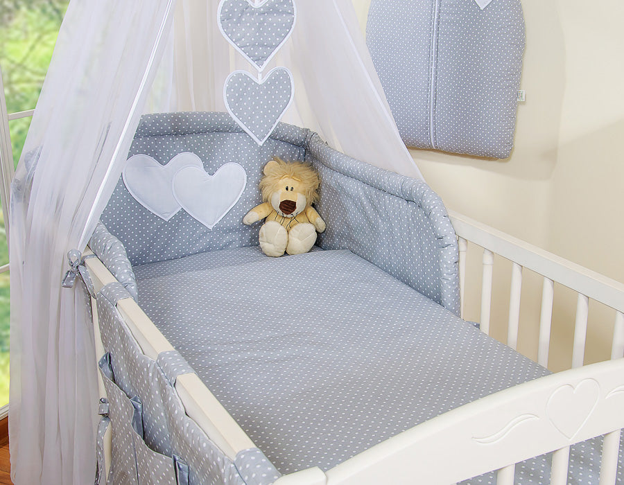 Bedding set 5-pcs with mosquito-net- Hanging Hearts white polka dots on grey