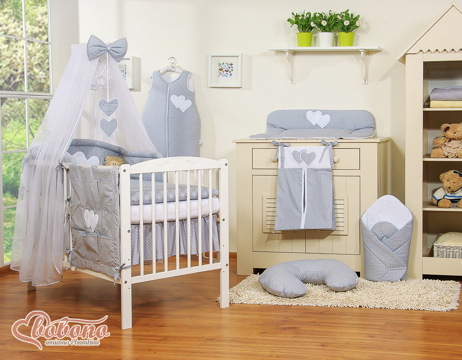 Bedding set 5-pcs with mosquito-net- Hanging Hearts white polka dots on grey