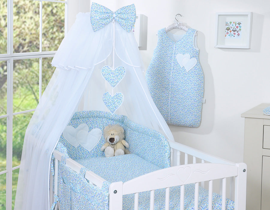 Bedding set 5-pcs with mosquito-net- Hanging Hearts little blue flowers
