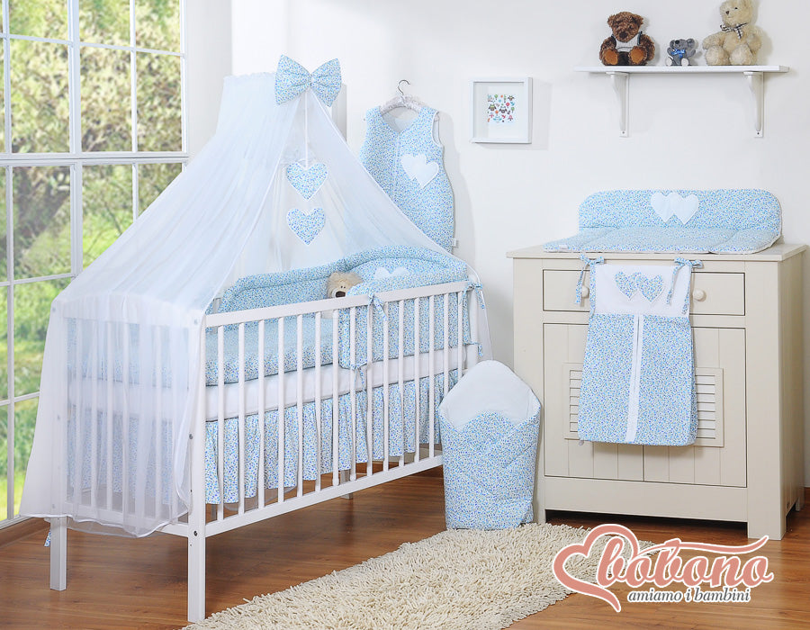 Bedding set 5-pcs with mosquito-net- Hanging Hearts little blue flowers