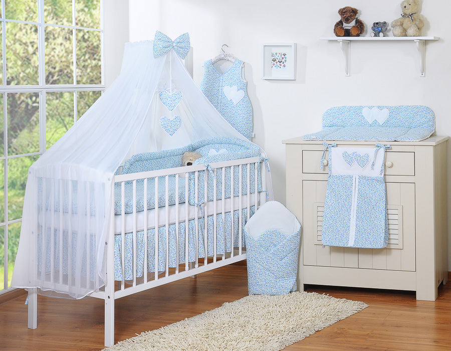Bedding set 5-pcs with mosquito-net- Hanging Hearts little blue flowers