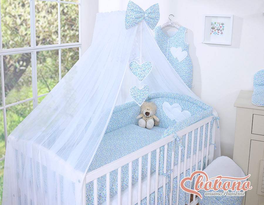 Bedding set 5-pcs with mosquito-net- Hanging Hearts little blue flowers