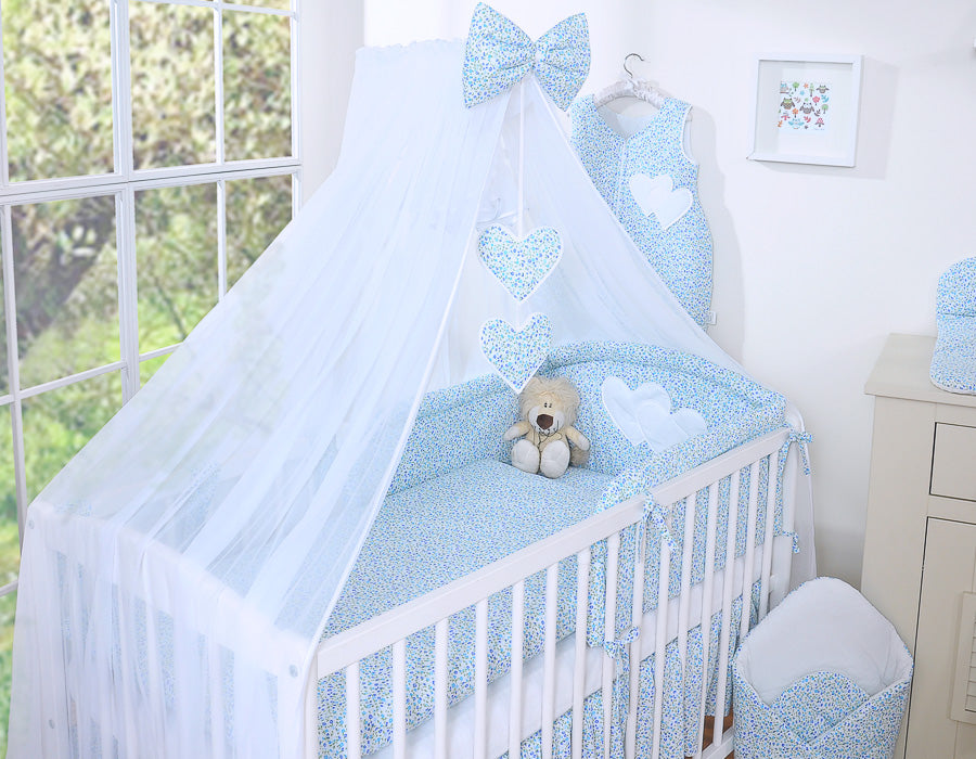 Bedding set 5-pcs with mosquito-net- Hanging Hearts little blue flowers