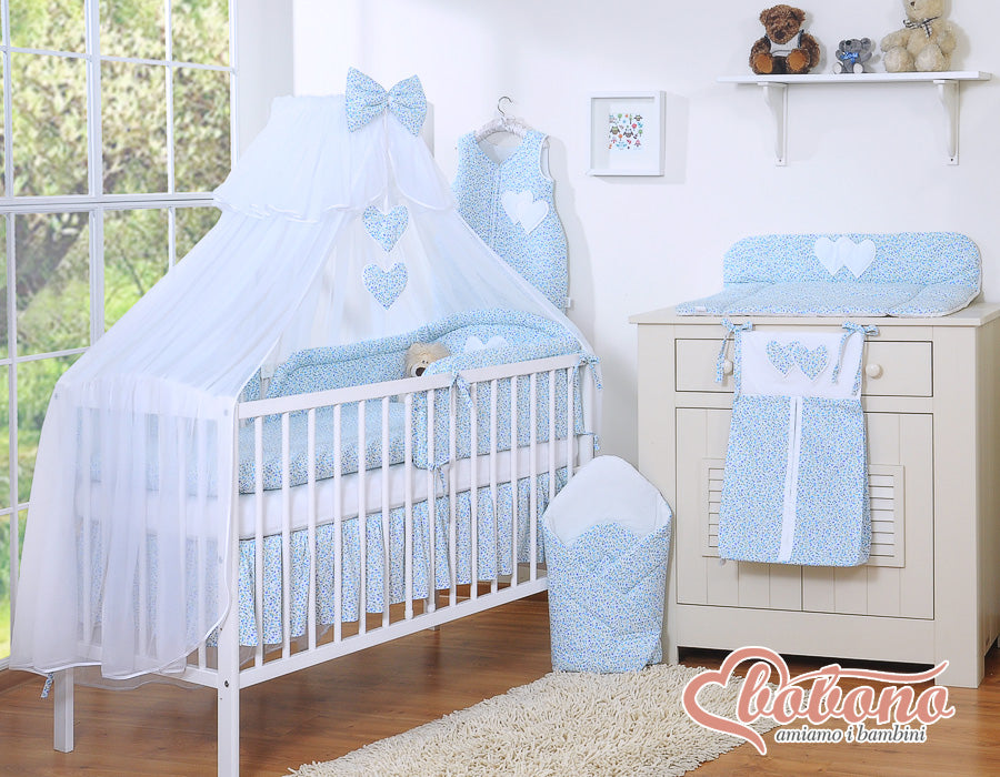 Bedding set 5-pcs with mosquito-net- Hanging Hearts little blue flowers
