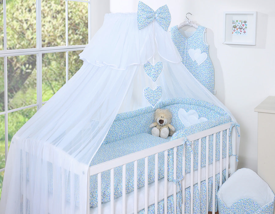 Bedding set 5-pcs with mosquito-net- Hanging Hearts little blue flowers