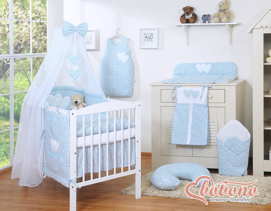 Bedding set 5-pcs with mosquito-net- Hanging Hearts little blue flowers