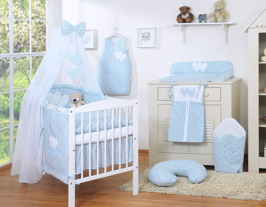 Bedding set 5-pcs with mosquito-net- Hanging Hearts little blue flowers