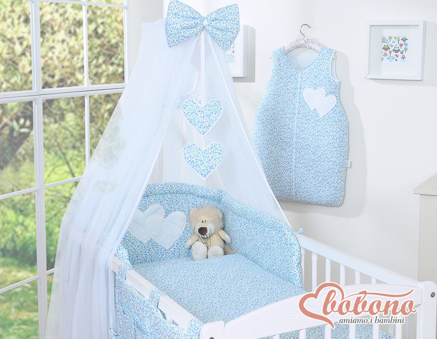 Bedding set 5-pcs with mosquito-net- Hanging Hearts little blue flowers