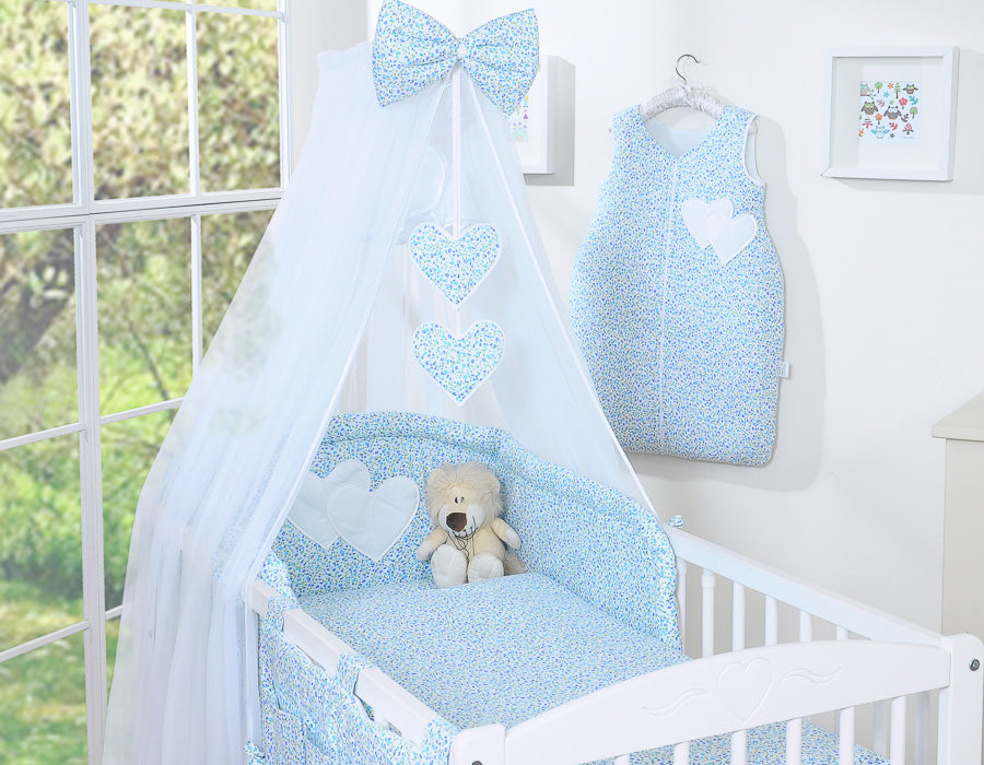 Bedding set 5-pcs with mosquito-net- Hanging Hearts little blue flowers