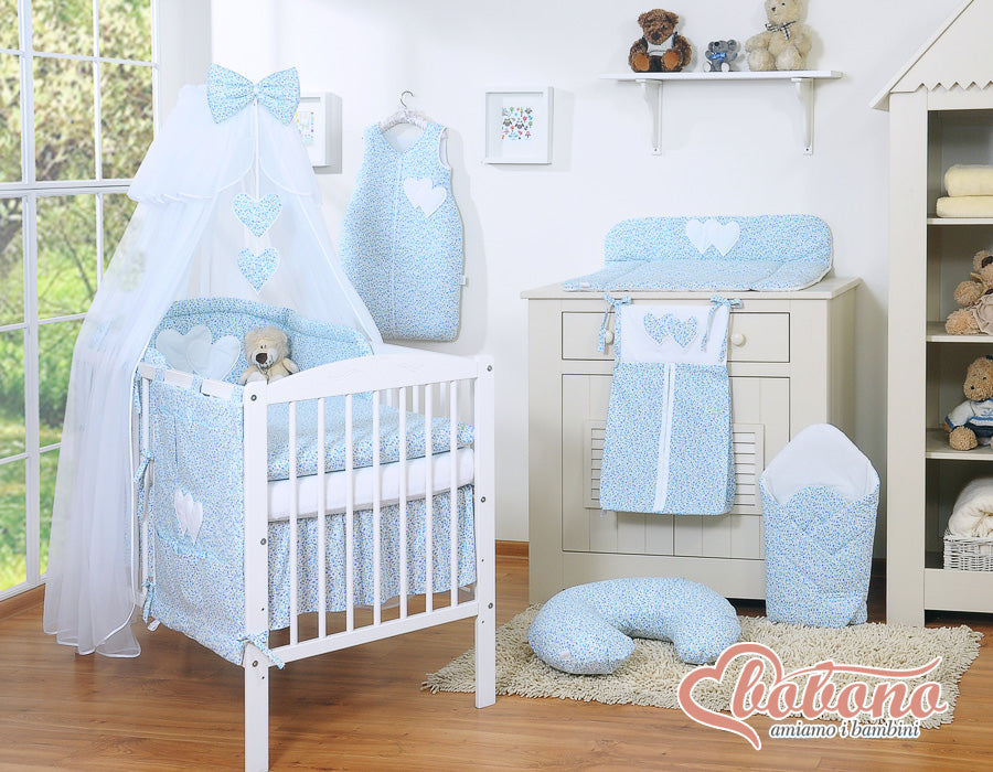 Bedding set 5-pcs with mosquito-net- Hanging Hearts little blue flowers