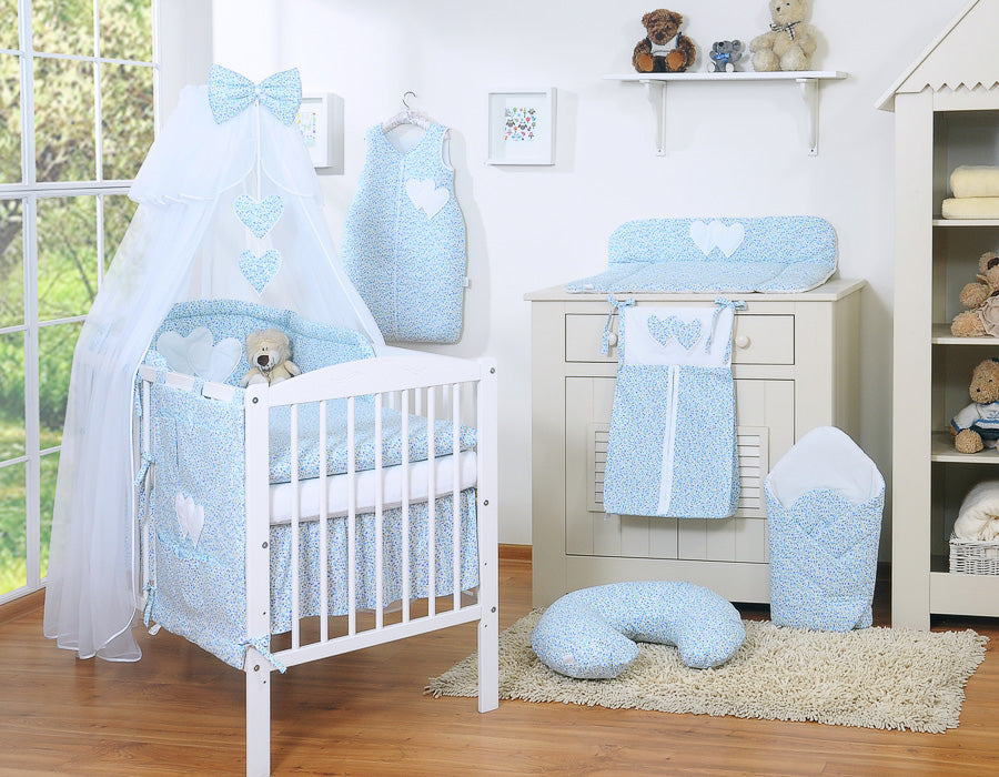 Bedding set 5-pcs with mosquito-net- Hanging Hearts little blue flowers