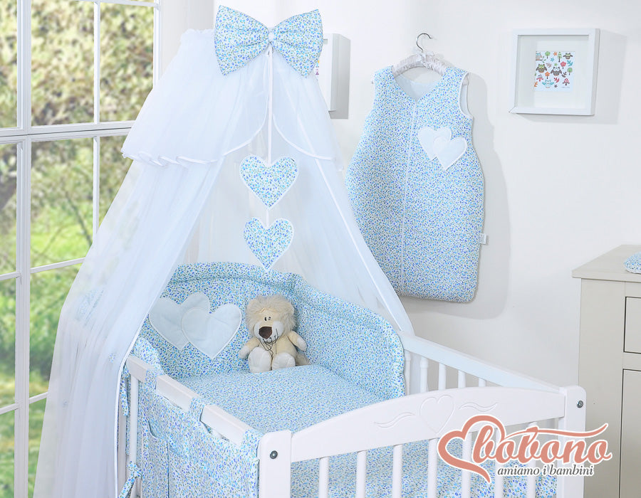 Bedding set 5-pcs with mosquito-net- Hanging Hearts little blue flowers