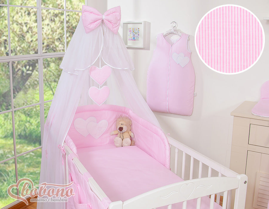 Bedding set 5-pcs with mosquito-net- Hanging Hearts pink strips