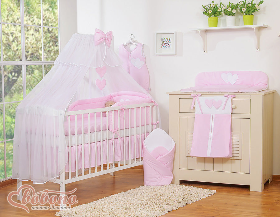 Bedding set 5-pcs with mosquito-net- Hanging Hearts pink strips