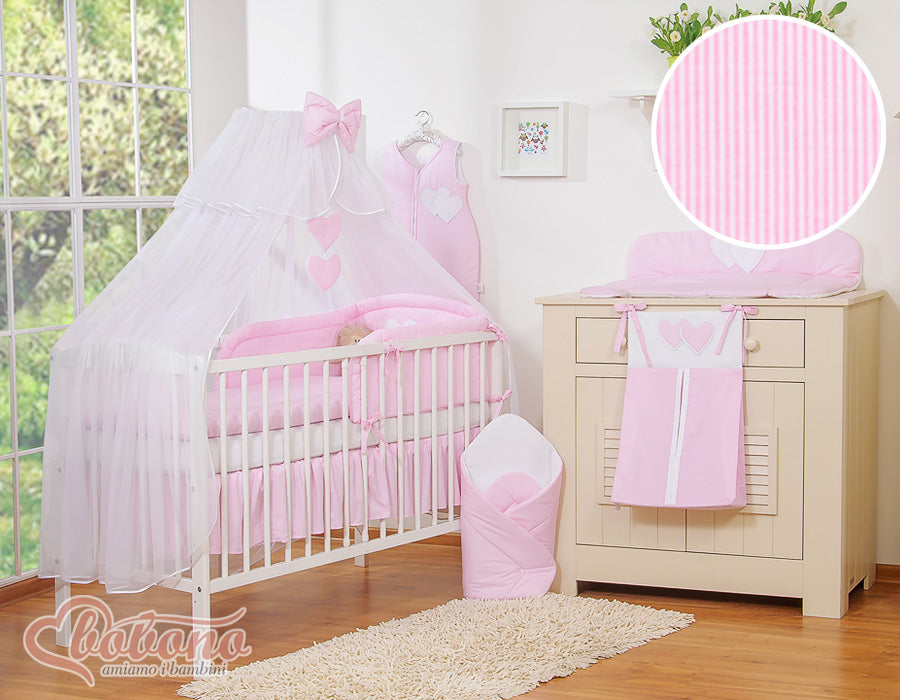 Bedding set 5-pcs with mosquito-net- Hanging Hearts pink strips