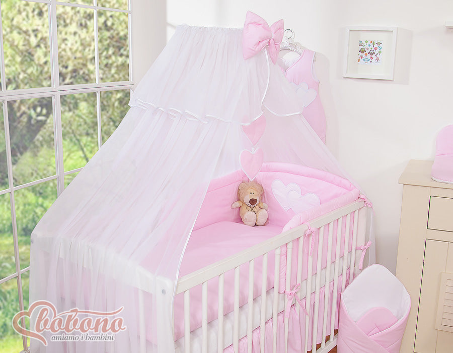 Bedding set 5-pcs with mosquito-net- Hanging Hearts pink strips
