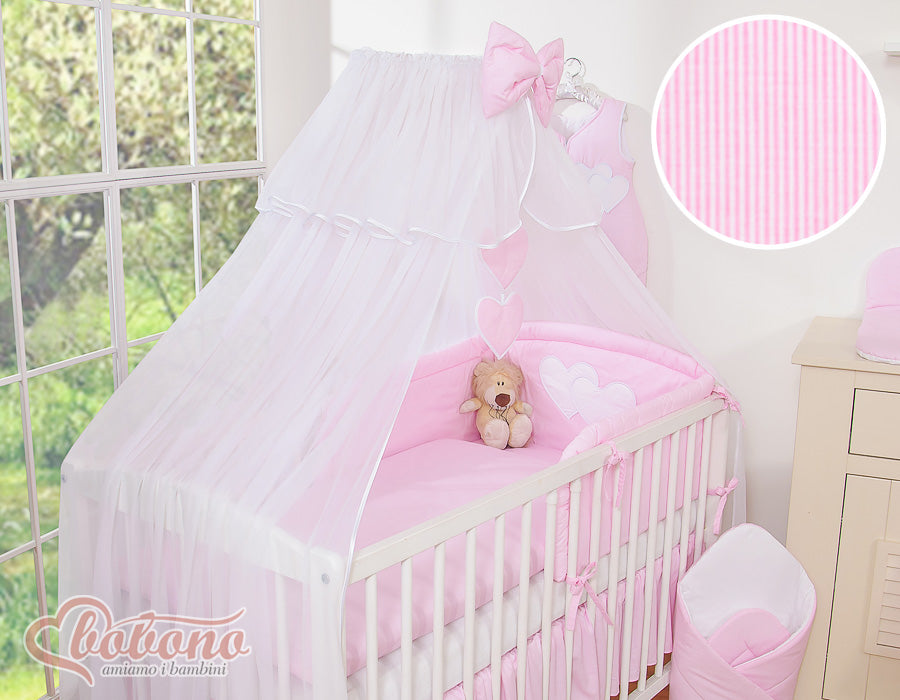 Bedding set 5-pcs with mosquito-net- Hanging Hearts pink strips