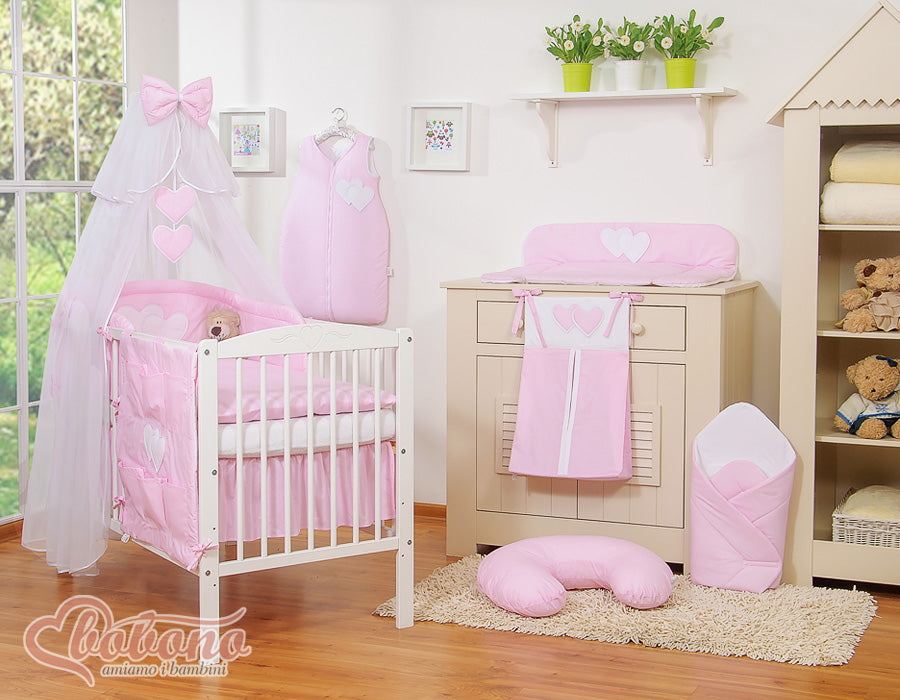 Bedding set 5-pcs with mosquito-net- Hanging Hearts pink strips