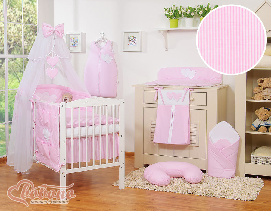 Bedding set 5-pcs with mosquito-net- Hanging Hearts pink strips
