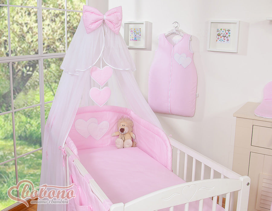 Bedding set 5-pcs with mosquito-net- Hanging Hearts pink strips