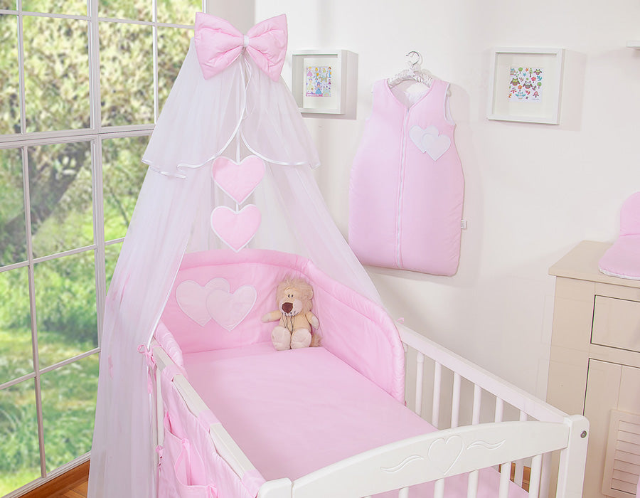 Bedding set 5-pcs with mosquito-net- Hanging Hearts pink strips