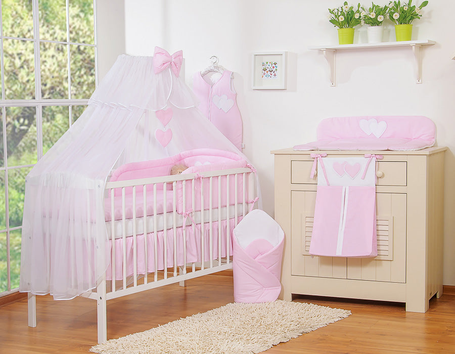 Bedding set 5-pcs with mosquito-net- Hanging Hearts pink strips