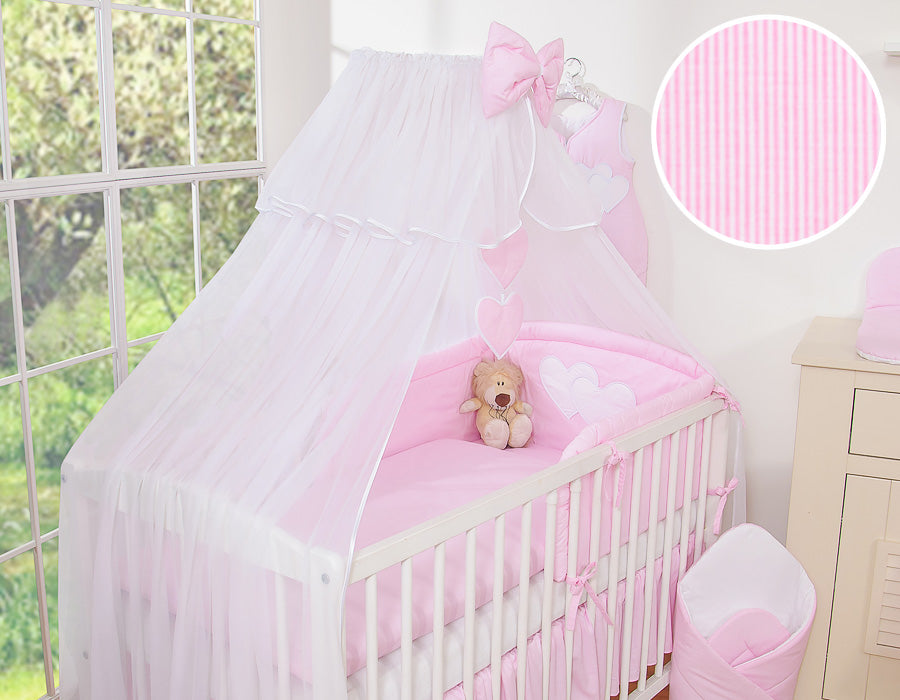 Bedding set 5-pcs with mosquito-net- Hanging Hearts pink strips