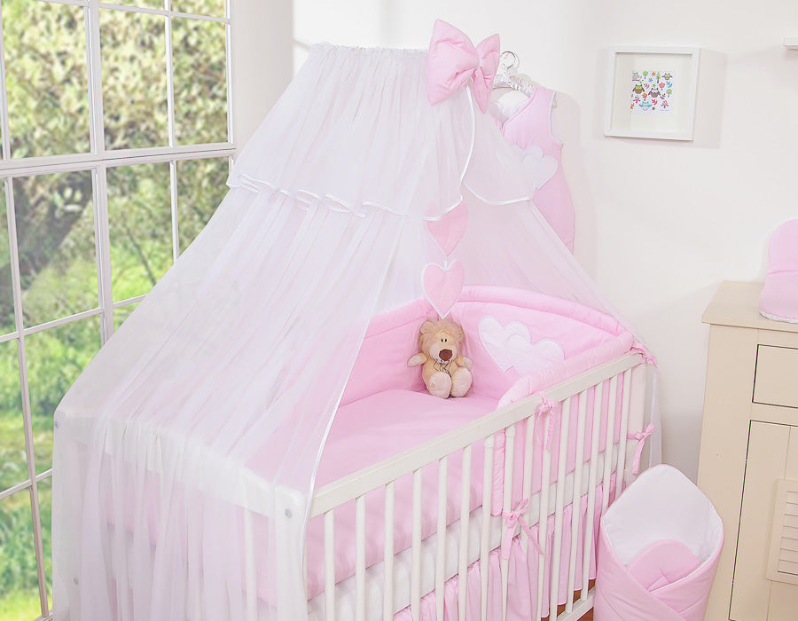 Bedding set 5-pcs with mosquito-net- Hanging Hearts pink strips