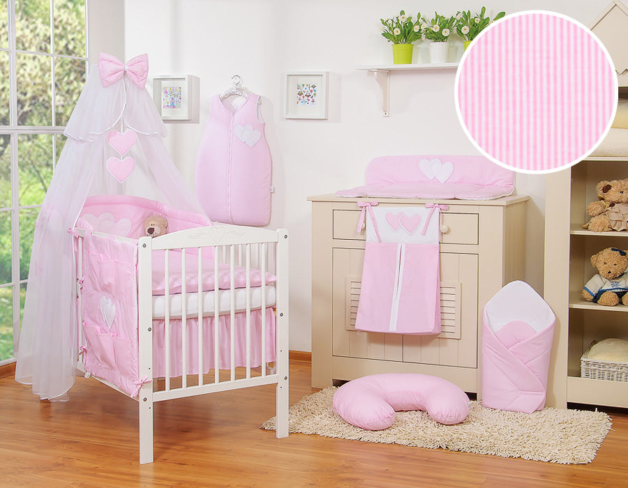 Bedding set 5-pcs with mosquito-net- Hanging Hearts pink strips