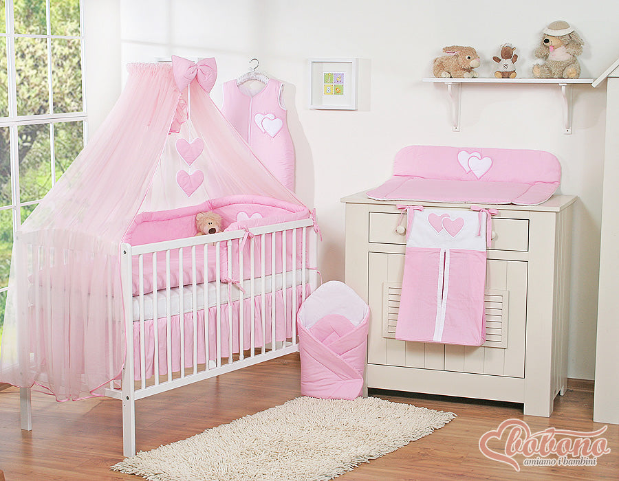 Bedding set 5-pcs with mosquito-net- Hanging Hearts pink